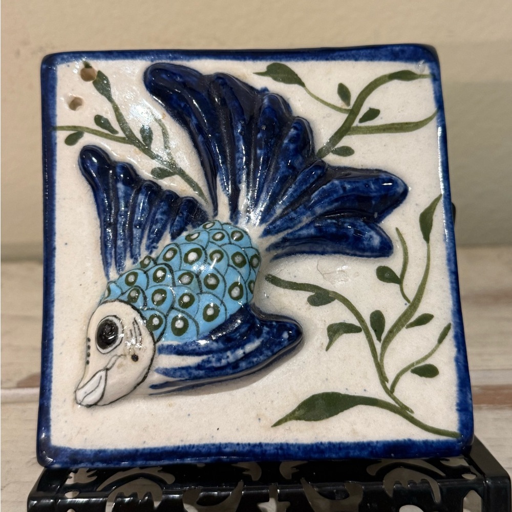 Handcrafted Mexican Blue Fish Ceramic Tile Signed